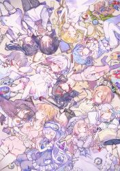  6+girls :d absurdres apple apple_core beret black_hair black_hood black_pantyhose black_ribbon blonde_hair blue_hair book bracelet braid braided_hair_rings card cellphone character_doll closed_eyes colored_inner_hair crescent_moon crowbar doll dress drooling envelope everyone film_reel fishnet_pantyhose fishnets flower food fork fruit fruit_basket garter_straps gradient_hair hair_rings hasumi_leia hat heart_on_cheek highres hikami_meruru holding holding_book holding_hands holding_stuffed_toy housho_margo hug jacket jewelry jogasaki_noah kinoeda_tamase knife kurobe_nanoka long_hair looking_up lying magnifying_glass mahou_shoujo_no_majo_saiban moon multi-tied_hair multicolored_hair multiple_girls multiple_rings natsume_an-an nikaido_hiro on_back on_side paint_palette paint_splatter paint_tube paintbrush painting_(object) pajamas pantyhose pen phone pillow pink_eyes pink_pajamas purple_dress purple_pajamas rapier red_eyes ribbon ring rose saeki_miria sakuraba_ema sawatari_coco scissors sewing_kit shito_alisa single_braid single_fishnet_legwear single_off_shoulder sketchbook sleep_mask sleeping sleepover smartphone smile string string_of_fate stuffed_animal stuffed_toy sword tachibana_sherry tarot tarot_card thigh-highs tono_hanna torn_book twintails very_long_hair watermark wax_seal weapon white_dress white_hair white_hat white_pajamas yellow_flower yellow_jacket yellow_rose 