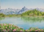  blue_sky day field flower flower_field highres hill lake miyuchan777 mountain mountainous_horizon nature original painting_(medium) pink_flower reflection reflective_water scenery sky traditional_media tree water watercolor_(medium) 