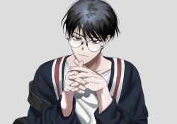  1boy aegyo_sal bag black_cardigan black_eyes black_hair cardigan commentary_request glasses head_tilt hinizana kim_dokja korean_commentary light_smile looking_at_viewer male_focus omniscient_reader&#039;s_viewpoint own_hands_clasped own_hands_together shirt short_hair shoulder_bag solo straight-on upper_body white_shirt 