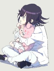  1boy :t black_hair black_shoes blush danganronpa_(series) danganronpa_v3:_killing_harmony grey_background heterochromia indian_style jacket long_sleeves male_focus monomi_(danganronpa) nitanda_cona oma_kokichi pants shoes short_hair simple_background sitting sketch sweat very_sweaty white_jacket white_pants 