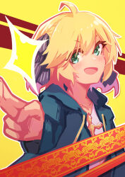  1girl absurdres ahoge anisphia_wynn_palettia blonde_hair blush green_eyes highres hood hood_down jacket jewelry long_sleeves looking_at_viewer medium_hair necklace open_clothes open_mouth outline ribbon rnna shirt short_hair smile solo tensei_oujo_to_tensai_reijou_no_mahou_kakumei upper_body v white_outline white_shirt yellow_background 