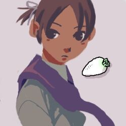  1girl archived_source black_eyes blush brown_hair commentary_request daikon drop_shadow frown grey_ribbon grey_shirt hair_ribbon kim_soo-min_(image_part) korean_commentary looking_to_the_side lowres no_lineart no_pupils oekaki one_side_up original parted_bangs purple_background purple_scarf radish ribbon scarf shirt short_hair simple_background upper_body 