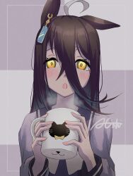  1girl a4_(a4_eishi) absurdres ahoge animal_ears animal_print artist_name black_hair blush cat_print cup ear_ornament ear_tag earrings hands_up highres holding holding_cup horse_ears horse_girl jewelry long_hair long_sleeves manhattan_cafe_(umamusume) mug multicolored_hair open_mouth purple_sailor_collar purple_shirt sailor_collar school_uniform shirt signature single_ear_down single_earring solo steam steaming_cup tracen_school_uniform umamusume very_long_hair white_hair yellow_eyes 
