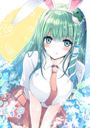  1girl alternate_costume animal_ear_hairband animal_ears blush breasts closed_mouth collared_shirt cosplay dot_nose dress_shirt fake_animal_ears frog_hair_ornament green_eyes green_hair hair_intakes hair_ornament hair_tubes hairband highres kochiya_sanae large_breasts leaning_forward long_hair miniskirt necktie pink_necktie pink_skirt pleated_skirt rabbit_ear_hairband rabbit_ears reisen_udongein_inaba reisen_udongein_inaba_(cosplay) shirt short_hair single_hair_tube single_sidelock skirt smile snake_hair_ornament solo tomo_(uguisu-tei) touhou upper_body white_shirt 