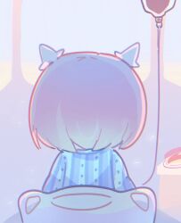  1girl absurdres apple apple_rabbit apple_slice bed food food_art from_behind fruit goddess_of_victory:_nikke hair_ornament headgear highres hospital hospital_bed hospital_gown intravenous_drip iv_stand looking_afar mming_(mmingis18) noah_(nikke) pink_hair short_hair sky solo spoilers 