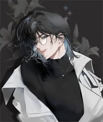  1girl black_hair black_shirt blue_eyes bob_cut character_request check_character coat colored_inner_hair glasses han_sooyoung head_tilt high_collar hinizana jewelry looking_at_viewer mole mole_under_eye multicolored_hair necklace omniscient_reader&#039;s_viewpoint open_clothes open_coat parted_lips popped_collar shirt short_hair solo upper_body white_coat white_lily 