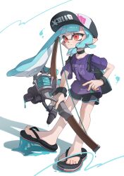  1girl absurdres baseball_cap black_shorts bow_(weapon) chu_u0spl closed_mouth commentary dolphin_shorts eyelashes full_body hat highres holding holding_bow_(weapon) holding_weapon ink ink_tank_(splatoon) inkling inkling_girl inkling_player_character long_hair looking_ahead print_shirt purple_shirt red_eyes shirt shorts solo splatoon_(series) splatoon_3 standing sticky symbol-only_commentary t-shirt tentacle_hair toes tri-stringer_(splatoon) weapon white_background 