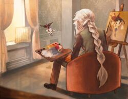  1boy az_(pokemon) braid braided_ponytail canvas_(object) commentary_request couch floating floette floette_(eternal) holding holding_paintbrush indoors male_focus on_couch paintbrush painting_(action) painting_(object) pokemon pokemon_(creature) pokemon_legends:_z-a rintarou_12 sitting white_hair 