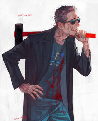  1boy arm_tattoo black_coat blood blood_on_clothes blood_on_face blue_pants brown_hair coat ctkcave eyewear_on_head facial_hair finger_tattoo goatee green_shirt hair_slicked_back hammer hand_tattoo holding holding_hammer looking_to_the_side male_focus mature_male neck_tattoo open_mouth original over_shoulder pants shirt short_hair simple_background smile solo spiky_hair sunglasses tattoo weapon weapon_over_shoulder white_background 