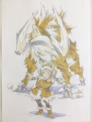  1girl animal black_pantyhose blonde_hair boar boots braid brown_boots brown_coat brown_hat child closed_mouth coat commentary_request crossed_arms fur-trimmed_boots fur-trimmed_coat fur-trimmed_headwear fur_trim hat horns looking_at_viewer medium_hair original oversized_animal pantyhose peter_salt smile standing traditional_media tusks twin_braids twintails yellow_eyes 