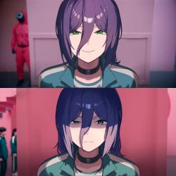 absurdres ashamutoki black_choker blue_shirt blue_track_suit chainsaw_man choker eye_twitch frown green_eyes highres looking_at_viewer medium_hair meme photo_background purple_hair reze&#039;s_eye_twitch_(chainsaw_man) reze_(chainsaw_man) scene_reference shirt smile track_suit year_1_&amp;_year_2_(squid_game)_(meme) 