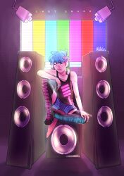  1girl absurdres arm_on_knee black_boots black_tank_top blue_hair blue_shorts boots camera danganronpa_(series) english_text eyelashes full_body hair_ornament hairclip hand_on_own_knee headphones headphones_around_neck highres jewelry lattecos multiple_rings original pink_eyes ring saigone_hibiki_(lattecos) short_hair shorts sitting smile solo speaker tank_top test_card undercut very_short_hair 