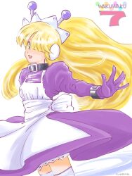  1girl \||/ android apron artist_name back_bow belt_collar black_collar blonde_hair bow collar commentary_request copyright_name cowboy_shot dated dress green_eyes hair_over_one_eye highres juliet_sleeves klixxxx long_hair long_sleeves maid maid_headdress open_mouth outstretched_arm puffy_sleeves purple_dress robot_ears smile solo standing tesse thigh-highs very_long_hair waku_waku_7 white_apron white_background white_bow white_thighhighs wrist_belt 