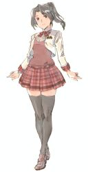  1girl black_eyes black_hair black_thighhighs bow bowtie brown_shoes character_request commentary_request copyright_request cropped_jacket full_body high_ponytail highres jacket loafers looking_at_viewer plaid_clothes plaid_skirt ponytail red_bow red_bowtie red_sweater_vest school shoes simple_background skirt solo standing suzumaru sweater_vest thigh-highs white_background white_jacket zettai_ryouiki 