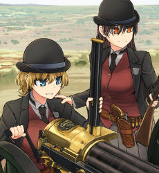  2girls belt black_hat black_jacket black_necktie blonde_hair blue_eyes bowler_hat breasts brown_belt brown_hair commentary_request cowboy_western crank crossdraw_holster finger_on_trigger gatling_gun grey_skirt grin gun hat highres holding holding_gun holding_weapon holster jacket long_hair long_sleeves multiple_girls necktie original outdoors pleated_skirt police_badge red_eyes red_vest revolver rifle_cartridge shirt short_hair skirt smile tokihama_jirou trapdoor_springfield vest weapon white_shirt 