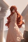  1girl closed_mouth column dress eyepatch highres hwa_ryun kunyetog long_hair long_sleeves looking_at_viewer pillar red_eyes redhead solo tower_of_god white_dress 