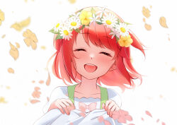  1girl :d ^_^ absurdres blush bow closed_eyes collarbone dress facing_viewer falling_petals floating_hair flower flower_wreath hair_flower hair_ornament happy head_wreath highres open_mouth petals pink_bow rain_re_a re:zero_kara_hajimeru_isekai_seikatsu red_hair shirt short_sleeves smile solo teeth theresia_van_astrea two_side_up upper_body upper_teeth_only white_background white_flower white_shirt yellow_flower 