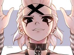  1boy black_eyes chain collar dr._stone eerika1114 hands_up highres long_sleeves looking_at_viewer male_focus portrait signature smile solo sweatdrop teeth white_hair xeno_(dr.stone) 