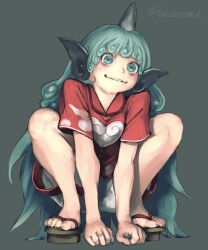  artist_name blush buttons cloud_print commentary_request curly_hair envenomist_(gengoroumaru) fingernails geta green_background green_eyes green_hair hands_on_ground highres horns kariyushi_shirt knees komainu_ears komainu_girl komano_aunn long_hair one-hour_drawing_challenge red_shirt sandals sharp_fingernails sharp_toenails shirt shorts single_horn smile toenails touhou twitter_username very_long_hair white_shorts wide-eyed 