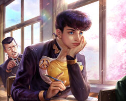  2boys cherry_blossoms closed_mouth commentary_request desk diamond_wa_kudakenai dollar_sign earrings eyelashes gakuran grimace hand_rest higashikata_josuke highres jewelry jojo_no_kimyou_na_bouken kdash lips looking_ahead male_focus mechanical_pencil multiple_boys nijimura_okuyasu peace_symbol pencil pompadour realistic scar scar_on_face school_desk school_uniform short_hair sitting undercut window 