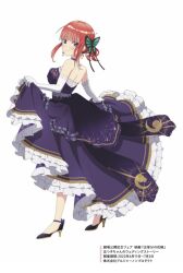  1girl anime_coloring artist_request blue_eyes blunt_bangs butterfly_hair_ornament closed_mouth commentary_request dress earrings elbow_gloves frilled_dress frills from_behind full_body gloves go-toubun_no_hanayome hair_ornament high-low_dress high_heels jewelry long_dress looking_at_viewer looking_back nakano_nino pink_hair purple_dress short_hair sidelocks simple_background skirt_hold smile solo standing strapless strapless_dress strappy_heels white_background white_gloves 