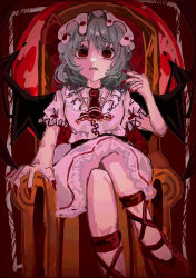  1girl ascot bat_wings crossed_legs fingernails from_behind hand_up highres kohakkk090 nail_polish parted_lips purple_hair red_ascot red_eyes red_nails remilia_scarlet sharp_fingernails shirt short_hair sitting sitting_on_throne skirt solo touhou white_shirt white_skirt wings 