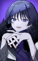  1boy absurdres blunt_ends coat eyeliner eyeshadow fatui_coat fingernails fur_collar genshin_impact grey_hair hands_up highres interlocked_fingers looking_at_viewer lower_eyelashes_only makeup male_focus open_clothes open_coat open_mouth own_hands_together pale_skin portrait purple_background purple_scarf red_eyeliner red_eyeshadow scaramouche_(genshin_impact) scarf solo tsurime violet_eyes wamin white_coat wispy_bangs 