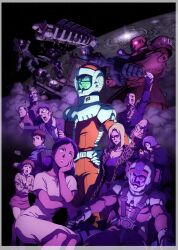  3girls 6+boys absurdres amuro_ray battle cannon char_aznable dark_skin degwin_sodo_zabi dress earth_federation_space_forces fraw_bow garma_zabi gihren_zabi glasses green_eyes gun guncannon gundam highres indian_clothes jacket kawamura_takayasu kycilia_zabi lalah_sune machine_gun machinery mecha mecha_pilot_suit military_uniform mobile_suit mobile_suit_gundam_the_origin moon multiple_boys multiple_girls one-eyed open_hatch purple_light ramba_ral robot science_fiction skirt spacecraft tem_ray weapon zaku_i zeon 