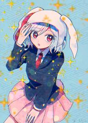  1girl :o animal_ears black_jacket blazer blue_background collared_shirt cowboy_shot hand_on_own_head helmet itomugi-kun jacket long_sleeves looking_at_viewer necktie open_mouth pink_skirt pleated_skirt rabbit_ears rabbit_girl rabbit_tail red_eyes red_necktie reisen_(touhou_bougetsushou) shirt short_hair skirt solo sparkle tail touhou touhou_bougetsushou white_helmet white_shirt 