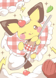 absurdres apron brown_eyes cherry chiko_(chi_p_71) clothed_pokemon food fruit full_body heart highres holding holding_spoon leaf licking_lips no_humans one_eye_closed pichu pokemon pokemon_(creature) pokemon_cafe_remix sparkle spoon tongue tongue_out waist_apron 