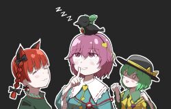  3girls :3 =_= absurdres animal_on_head bird bird_on_head black_hairband black_hat braid extra_ears green_hair hairband hashtag-only_commentary hat heart highres kaenbyou_rin komeiji_koishi komeiji_satori looking_up multiple_girls on_head outline pink_eyes pink_hair red_hair reiuji_utsuho reiuji_utsuho_(bird) simple_background sleeping third_eye touhou twin_braids upper_body white_outline wwo3302 zzz 