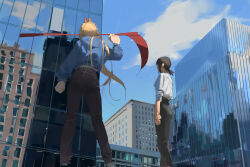  2girls absurdres black_pants blood chainsaw_man demon_girl demon_horns hemokinesis higashiyama_kobeni highres horns multiple_girls null_(skev7724) pants pants_rolled_up power_(chainsaw_man) red_horns scythe 