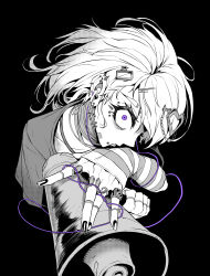  1girl absurdres bandaged_neck bandages black_background collarbone ear_piercing earphones earrings face_piercing greyscale hair_ornament hairclip heart heart_hair_ornament highres holding holding_megaphone inverted_cross_earrings jewelry long_hair looking_at_viewer megaphone monochrome mouth_piercing original piercing ring shirt simple_background sleeves_past_wrists solo spot_color striped_sleeves upper_body violet_eyes yogert_chip 