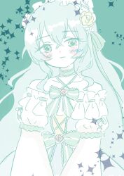  1girl artist_name assault_lily bare_shoulders blush bow choker closed_mouth collarbone commentary criss-cross_halter cross-laced_clothes cross-laced_dress crossed_bangs dress dress_bow dress_flower flower frilled_hairband frilled_sleeves frills fumi_(fumifumi3axl) green_background green_bow green_choker green_eyes green_hair green_theme grey_dress hair_between_eyes hair_flower hair_ornament hairband halter_dress halterneck highres light_smile long_hair long_sleeves looking_at_viewer off-shoulder_dress off_shoulder official_alternate_costume puffy_long_sleeves puffy_sleeves red_flower red_rose rose simple_background solo sparkle standing toki_kureha upper_body v_arms very_long_hair white_hairband yellow_flower yellow_rose 