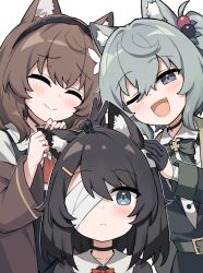 3girls ;d ^_^ animal_ear_fluff animal_ears bandage_over_one_eye bandaged_arm bandages belt_around_waist black_choker black_coat black_gloves black_hair black_vest brown_coat brown_hair cat_ears cat_girl choker closed_eyes coat expressionless fang gloves grey_eyes grey_hair half_gloves hand_on_another&#039;s_head highres homura_berry_(satou_(3366_s)) kurioshi_fio kurioshi_fio_(satou_(3366_s)) kurobane_eve_(satou_(3366_s)) long_sleeves looking_at_viewer medium_hair multiple_girls one_eye_closed open_clothes open_coat open_mouth original playing_with_another&#039;s_ears satou_(3366_s) shirt short_hair smile vest w white_shirt