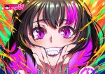  1girl artist_name black_hair body_markings commission commissioner_upload dwisketch fangs fingernails hand_on_own_face highres looking_at_viewer multicolored_background multicolored_hair non-web_source original portrait purple_hair shoko_the_alien solo teeth watermark 
