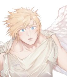  1boy angel angel_wings bare_shoulders blonde_hair blue_eyes cloud_strife collarbone english_commentary feathered_wings feathers final_fantasy final_fantasy_vii linono looking_at_viewer looking_up parted_lips short_hair signature solo spiky_hair tunic upper_body white_background white_feathers white_tunic white_wings wings 