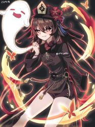  1girl bead_bracelet beads boo_tao_(genshin_impact) bracelet brown_hair chinese_clothes coattails flower flower-shaped_pupils genshin_impact ghost grin hat hat_flower highres hu_tao_(genshin_impact) jewelry long_hair long_sleeves looking_at_viewer multiple_rings plum_blossoms porkpie_hat red_eyes ring shorts smile solo symbol-shaped_pupils tailcoat twintails user_jnug3324 