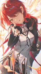  1girl ;d absurdres arknights arm_behind_back black_gloves black_jacket black_shorts breasts bullet cropped_jacket dress energy_wings exusiai_(arknights) exusiai_the_new_covenant_(arknights) fingerless_gloves gloves grin hand_up highres jacket long_hair medium_breasts medium_hair one_eye_closed orange_eyes red_hair short_shorts shorts smile solo weapon weapon_on_back white_dress xi-u 