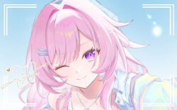 1girl ;o blue_jay blue_sky character_name collarbone commentary_request cyrene_(honkai:_star_rail) cyrene_(nylon_japan)_(honkai:_star_rail) cyrene_(ripples_of_past_reverie)_(honkai:_star_rail) diamond-shaped_pupils diamond_(shape) h1n_as highres honkai:_star_rail honkai_(series) long_hair looking_at_viewer official_alternate_costume one_eye_closed pink_hair portrait selfie sky smile solo symbol-shaped_pupils very_long_hair viewfinder violet_eyes 
