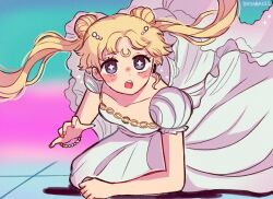  +_+ 1girl :o artist_name bad_source bayabasss bishoujo_senshi_sailor_moon blonde_hair blush bracelet bright_pupils crescent crescent_facial_mark derivative_work double_bun dress eyelashes facial_mark fingernails forehead_mark hair_bun hair_ornament highres jewelry kneeling long_hair open_mouth puffy_short_sleeves puffy_sleeves sailor_moon screenshot_redraw short_sleeves solo teeth tumblr_banner twintails upper_teeth_only violet_eyes white_dress white_pupils 