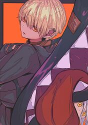  1boy 1girl absurdres bag black_gloves black_hoodie blonde_hair commentary_request ear_piercing fight_song_(eve) from_side gloves hair_between_eyes highres hood hoodie karan_koron100 long_bangs looking_at_viewer male_focus orange_background orange_eyes otogiri_tobi parted_lips piercing short_hair solo_focus tongue tongue_out 