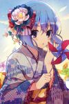  1girl :o alternate_costume blue_hair blue_kimono bluestar_iz bow claire_elford clouds crossed_bangs flower hair_between_eyes hair_bow hair_flower hair_ornament hand_to_own_mouth highres holding holding_pinwheel japanese_clothes kanzashi kikumon kimono light_blush looking_at_viewer multicolored_clothes multicolored_kimono obi pink_bow pink_kimono pinwheel sakuramon sash seigaiha short_hair solo striped striped_kimono upper_body violet_eyes witch&#039;s_heart 