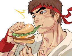  1boy ^^^ brown_hair burger dougi eating fingerless_gloves food forked_eyebrows gloves headband highres holding holding_burger holding_food katasei0611 looking_at_food male_focus mcdonald&#039;s muscular muscular_male red_headband ryu_(street_fighter) short_hair simple_background solo street_fighter sweatdrop thick_eyebrows white_background 