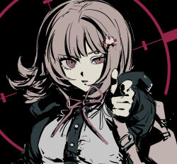  1girl :o black_background breasts brown_hair collared_shirt danganronpa_(series) danganronpa_2:_goodbye_despair dress_shirt flipped_hair hair_ornament harari highres jacket large_breasts long_sleeves looking_at_viewer medium_hair nanami_chiaki neck_ribbon open_clothes open_jacket pink_eyes pointing pointing_at_viewer ribbon shirt solo two-tone_shirt white_shirt 