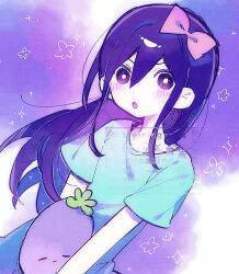  1girl :o aubrey_(headspace)_(omori) aubrey_(omori) blue_shirt blush bow bra_strap bright_pupils clouds colored_skin commentary_request double-parted_bangs hair_between_eyes hair_bow hatching_(texture) highres holding holding_stuffed_toy long_hair masyu_bimitalya mr._plantegg_(omori) omori open_mouth outdoors pink_bow purple_hair purple_sky shirt sidelocks sky solo sparkle straight_hair stuffed_eggplant stuffed_toy tongue upper_body v-shaped_eyebrows v_arms very_long_hair violet_eyes watermark white_pupils white_skin 