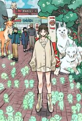  2girls 3boys ashitaka black_pants black_sweater blue_coat boots brown_hair brown_pants cardigan coat collared_shirt creature earrings eboshi full_body gonza_(mononoke_hime) grey_boots grey_cardigan grey_pants highres jewelry jiko_bou kodama mononoke_hime moro_(mononoke_hime) moro_no_ichizoku multiple_boys multiple_girls outdoors pants red_shirt san_(mononoke_hime) serow shirt short_hair standing sweater takeuchi_ryousuke white_shirt wolf yakul 