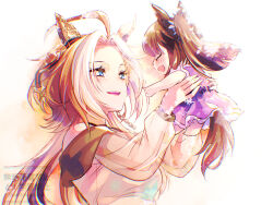  2girls aged_down ahoge alternate_costume animal_ears baby brown_hair carrying carrying_baby carrying_person child_carry commentary_request ear_covers hair_between_eyes hair_ornament highres horse_ears horse_girl horse_tail long_hair lucky_lilac_(umamusume) multicolored_hair multiple_girls orange_hair orfevre_(umamusume) single_ear_cover smile tail umamusume white_hair yue_(lov_n_n) 