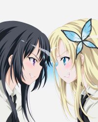  2girls black_hair black_necktie blonde_hair blue_background blue_eyes blush boku_wa_tomodachi_ga_sukunai butterfly_hair_ornament clenched_teeth collared_shirt commentary_request confrontation from_side gradient_background grey_background hair_ornament highres kashiwazaki_sena lightning_glare long_hair looking_at_another mikazuki_yozora multiple_girls necktie official_artist_extra portrait profile school_uniform shirt sideways_mouth st._chronica_academy_school_uniform summer_uniform teeth v-shaped_eyebrows violet_eyes watanabe_yoshihiro white_shirt yuri 
