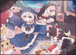  2girls beret blue_dress bow bug butterfly candy checkerboard_cookie commentary_request cookie cup curtains dress food frilled_dress frills gothic_lolita hair_over_one_eye hairband hat heterochromia indoors jogasaki_noah lolita_fashion lolita_hairband long_hair long_sleeves looking_at_viewer mahou_shoujo_no_majo_saiban multi-tied_hair multicolored_hair multiple_girls natsume_an-an painting_(object) picture_frame polka_dot polka_dot_bow profile puppet_strings saeki_miria sitting sleeves_past_fingers sleeves_past_wrists spoilers streaked_hair toruriri0718 very_long_hair violet_eyes white_hair 